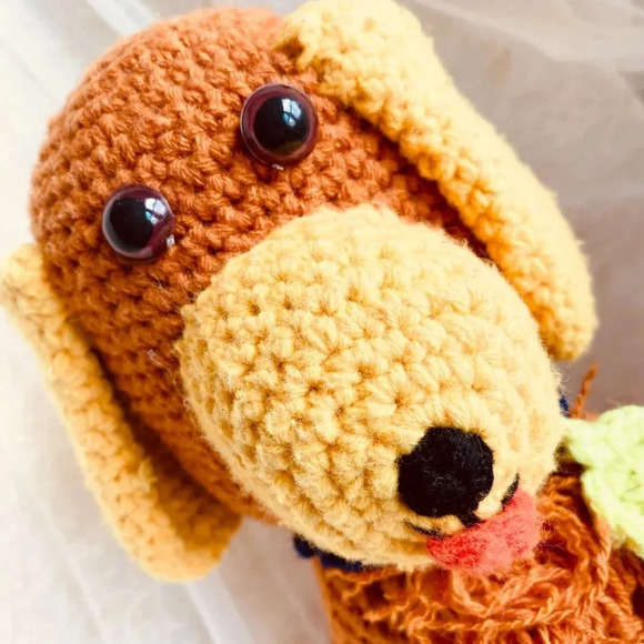 Stuffed Plushy Cute Brown and Cream Yellow Puppy Doggy Crochet Knit Doll Toy 12" - Picture 6 of 8